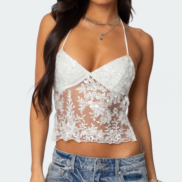 Edikted Tops - Elegant White Lace Halter Top
